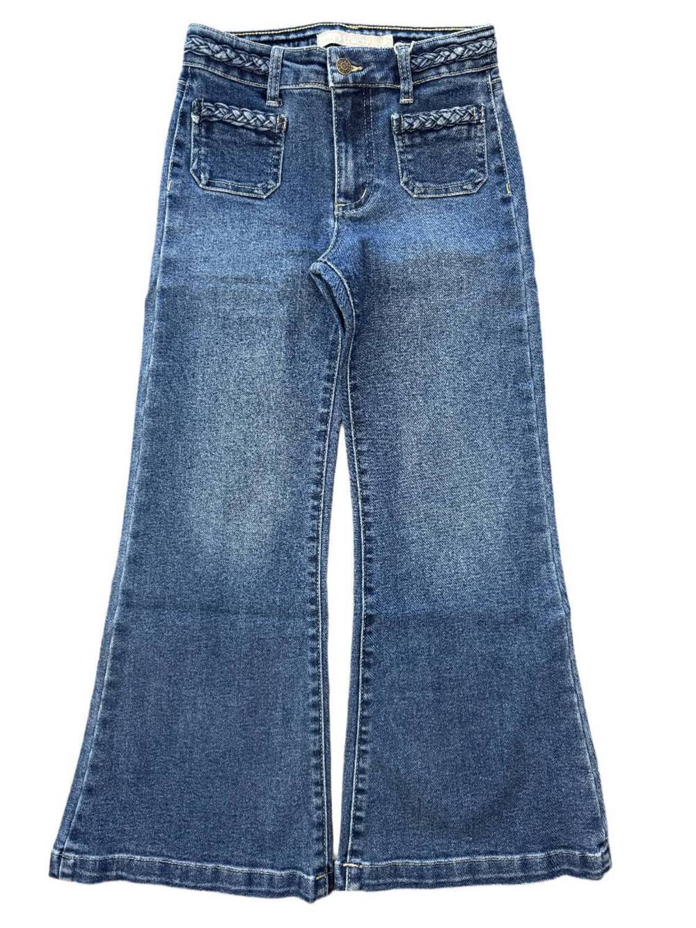 NEW TRACTR girl's mid rise braided patch pocket jeans in denim
